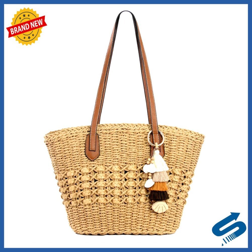 Large Straw Tote Bag with Tassel Clip, Handmade Raffia Hobo Shoulder Purse